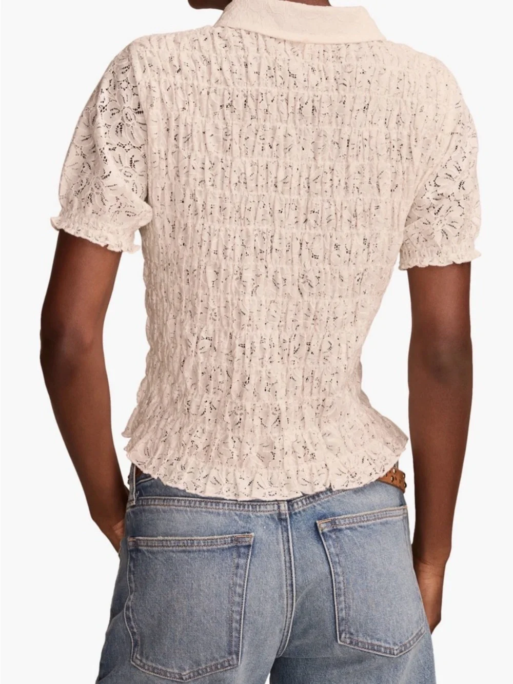 Lucky Brand Button-Front Lace Knit Short Sleeve Top - Picture 2 of 6